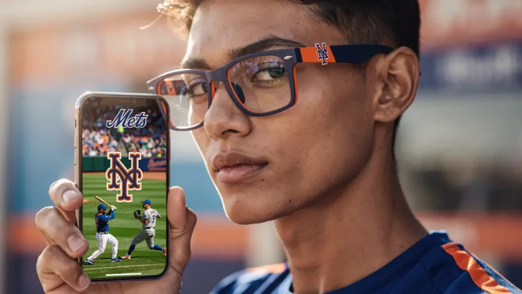 Baseball fan wearing New York  ai smart glasses while holding a smartphone displaying Mets baseball content and team branding.