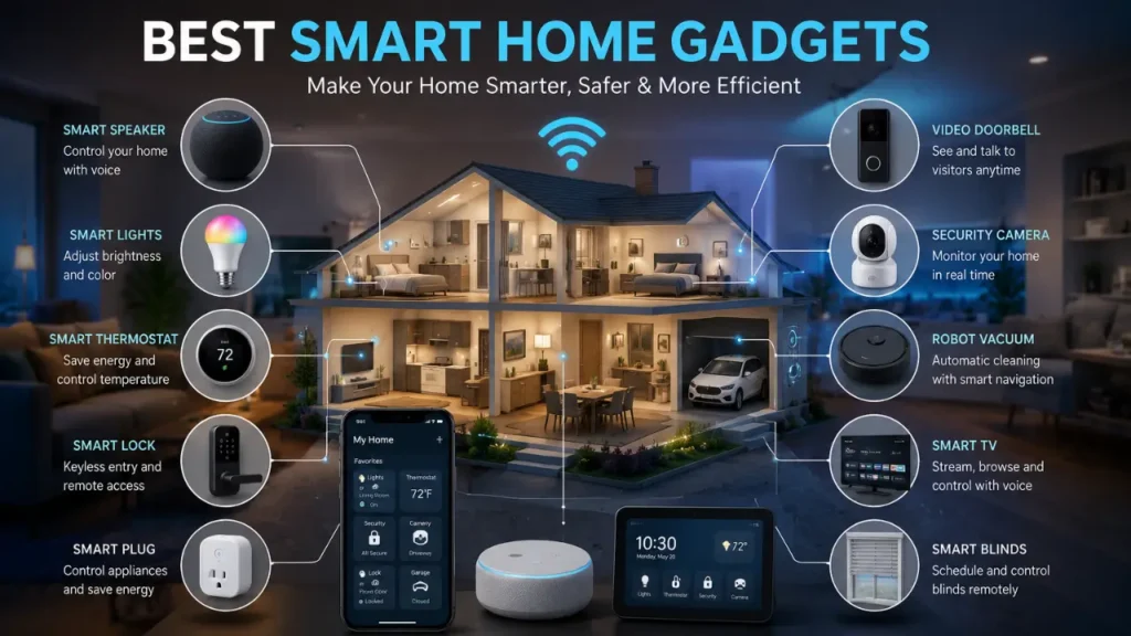 showcasing innovative smart home gadgets designed to improve comfort and reduce energy costs."