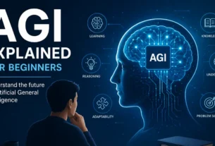 AGI explained for beginners illustration showing Artificial General Intelligence concept with a futuristic AI brain, neural networks, machine learning, reasoning, adaptability, and problem-solving capabilities.