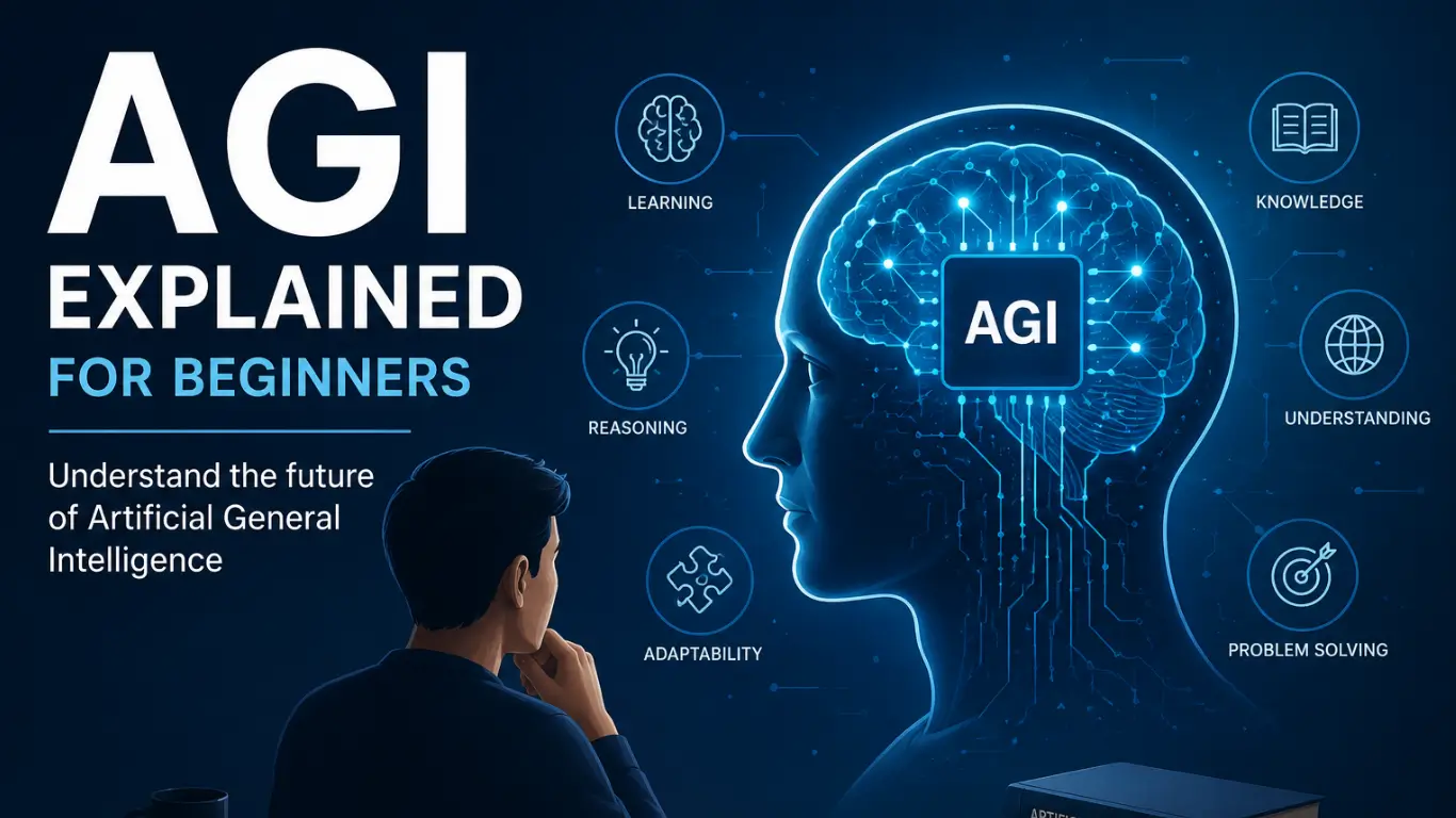 AGI explained for beginners illustration showing Artificial General Intelligence concept with a futuristic AI brain, neural networks, machine learning, reasoning, adaptability, and problem-solving capabilities.