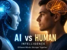 AI vs Human Intelligence comparison showing differences in creativity, memory, emotions, learning, and decision-making