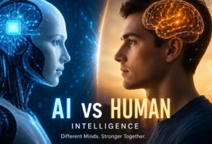 AI vs Human Intelligence comparison showing differences in creativity, memory, emotions, learning, and decision-making