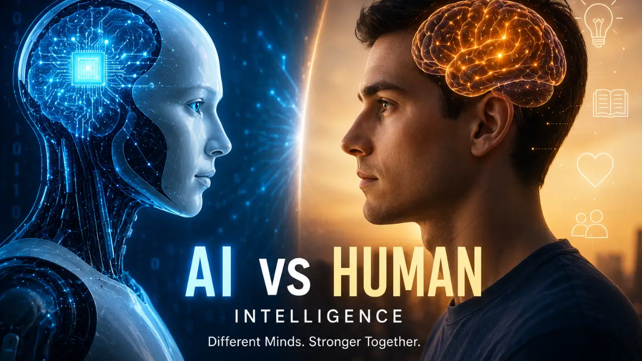AI vs Human Intelligence comparison showing differences in creativity, memory, emotions, learning, and decision-making
