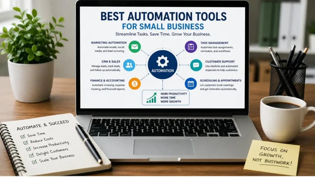 Laptop displaying the best automation tools for small business with icons for marketing,CRM, task management, customer support accounting, and scheduling, showing productivity and growth benefits