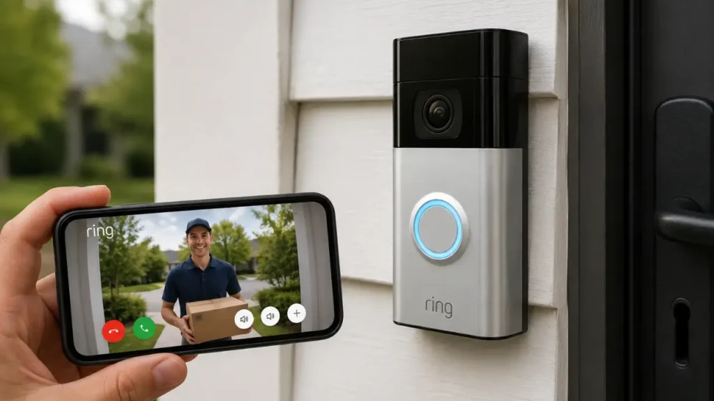 "Modern video doorbell mounted beside a front door with live video feed displayed on a smartphone, showcasing smart home security gadgets technology and remote visitor monitoring."