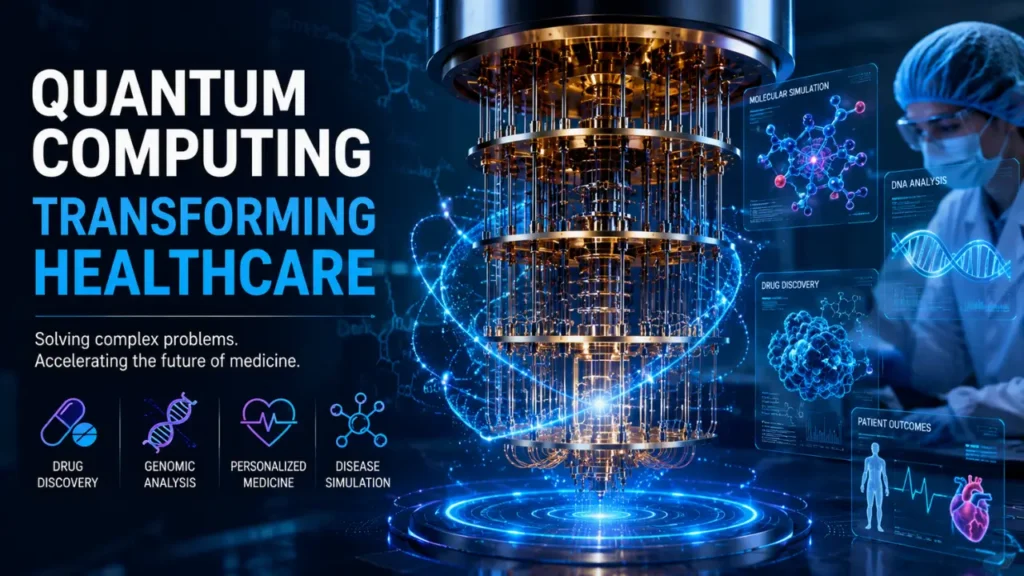 Quantum computing concept featuring a futuristic quantum computer processing glowing quantum particles and digital data streams, illustrating the technology shaping the future of artificial intelligence, cybersecurity, healthcare, and scientific innovation."