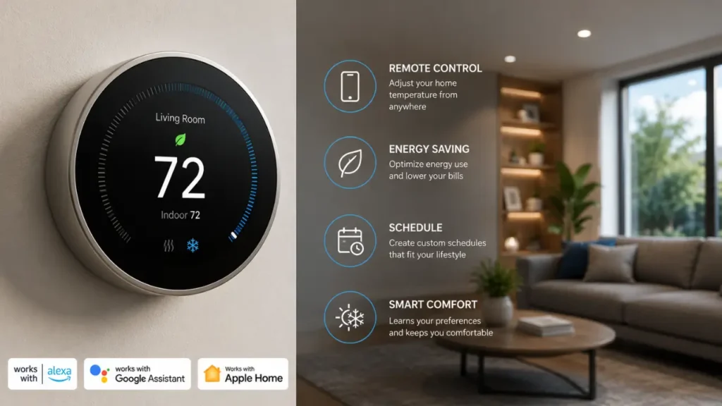 "Smart thermostat displayed in a modern living room, one of the most popular smart home gadgets for energy efficiency, remote temperature control, and home automation."