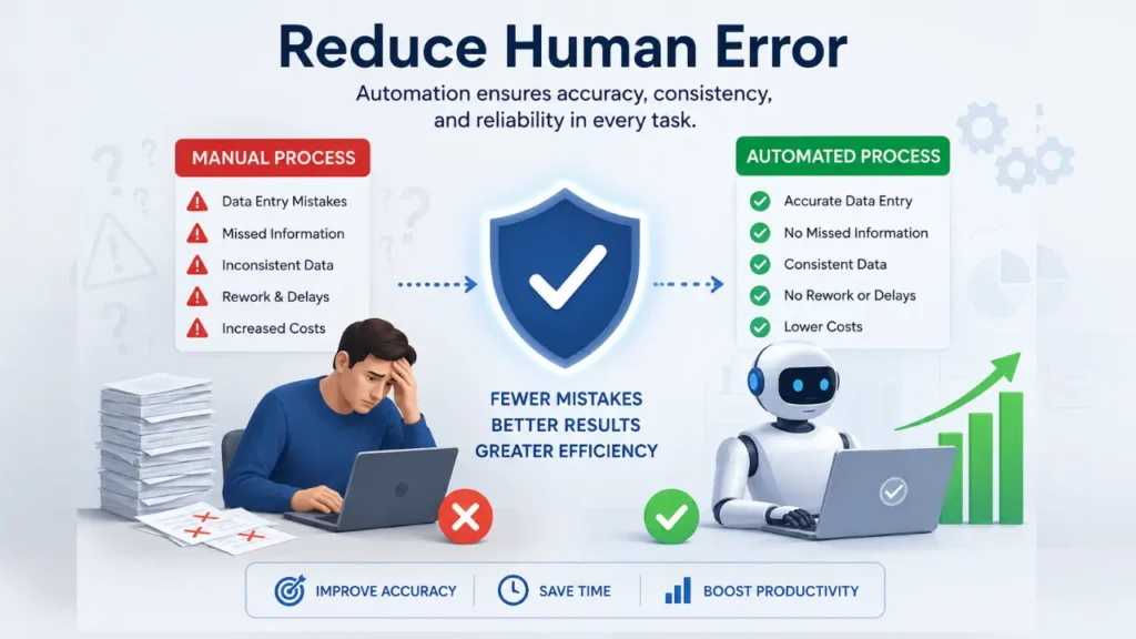 "Modern automation dashboard displayed on a laptop with workflow icons for emails, spreadsheets, reports, reminders, and file management, illustrating how to automate repetitive task to save time, reduce human error, and boost productivity."