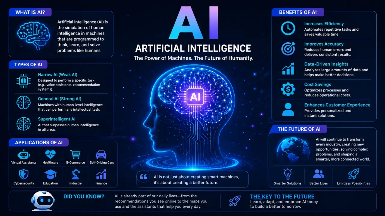 "Futuristic Artificial Intelligence (AI) concept featuring a glowing digital human head with an AI-powered brain, surrounded by neural networks, data connections, and advanced technology elements. The image illustrates how AI is transforming industries through automation, machine learning, data analysis, and intelligent decision-making."