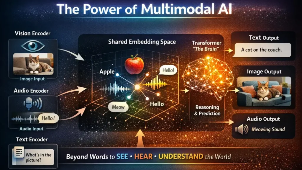 Multimodal AI processing text, images, voice, and video data.