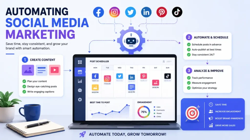 Business process automation concept showing automated emails, data management, reporting, and workflow tools designed to reduce repetitive tasks and increase productivity."