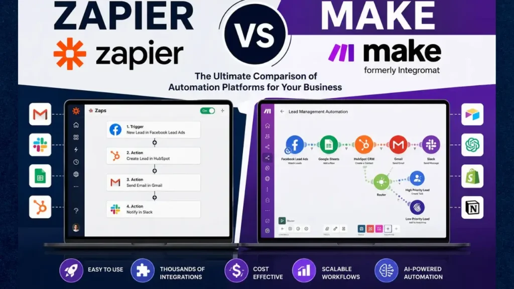 Zapier vs Make comparison showing workflow automation platforms and business productivity tools