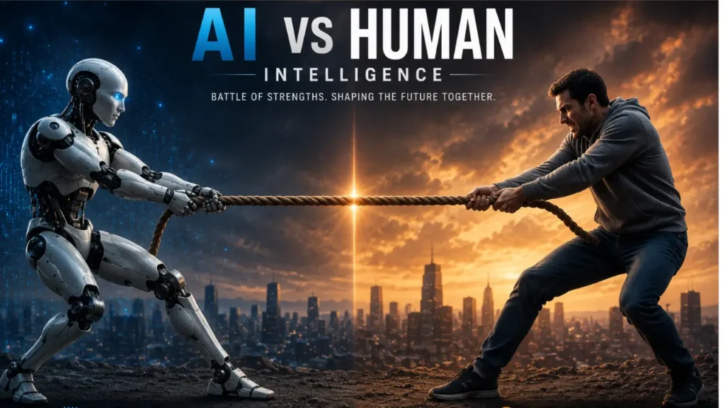 AI vs Human Intelligence tug of war showing a robot and a human competing in a symbolic battle between artificial intelligence and human capabilities
