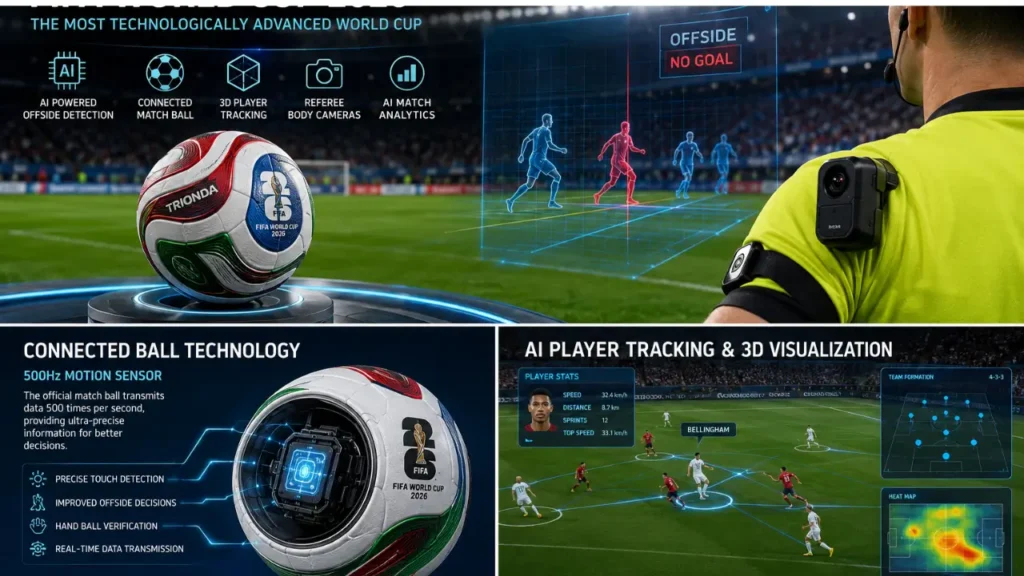 2026 FIFA World Cup technology featuring AI-powered offside detection, connected smart match ball, referee body cameras, and 3D player tracking inside a modern soccer stadium.