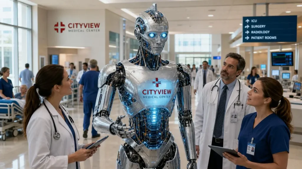 Humanoid robots assisting doctors and nurses in a modern hospital, showcasing the future of AI-powered healthcare and medical robotics.