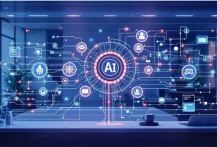 AI workflow automation trends dashboard connecting business processes with intelligent digital technology.