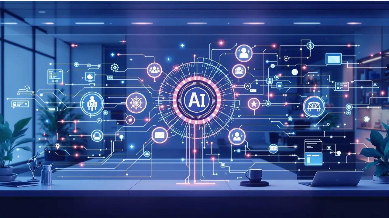 AI workflow automation trends dashboard connecting business processes with intelligent digital technology.