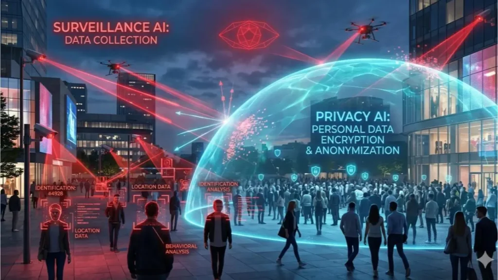 Ethical challenges of artificial intelligence related to privacy, surveillance, and facial recognition technology.