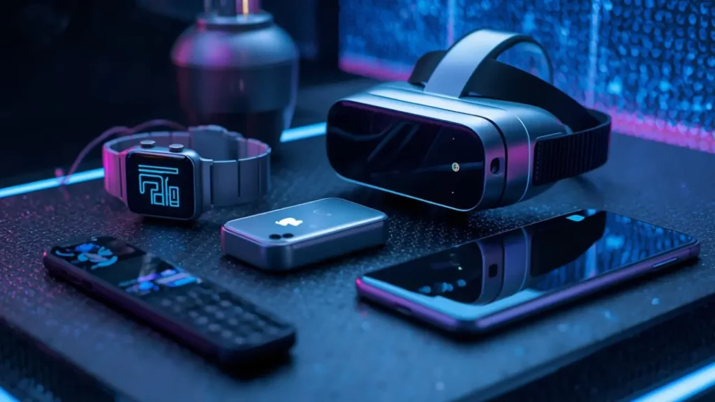Futuristic gadgets that feel like science fiction including AI smart glasses, holograms, robots, and advanced wearable technology."