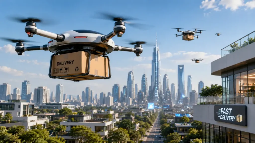 Smart city technology in 2035 with autonomous vehicles, AI systems, and renewable energy.
