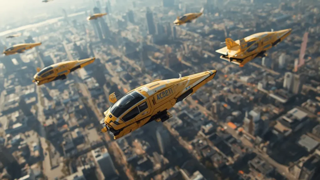 Flying cars flying above a futuristic smart city powered by artificial intelligence