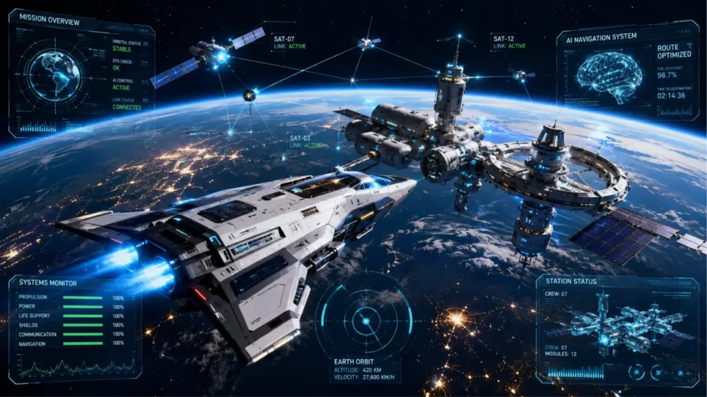 "Advanced satellite technology orbiting Earth with interconnected communication satellites providing global internet coverage, digital connectivity, and futuristic space technology innovation."