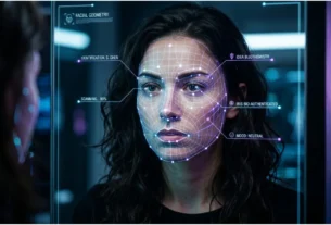 Samsung MICRO LED Beauty Mirror analyzing a woman’s skin with AI