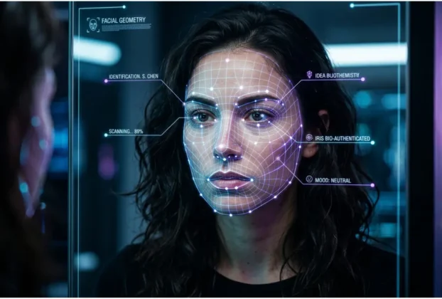 Samsung MICRO LED Beauty Mirror analyzing a woman’s skin with AI