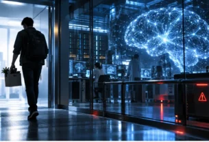 “AI researcher leaving a laboratory over concerns about advanced artificial intelligence safety.”