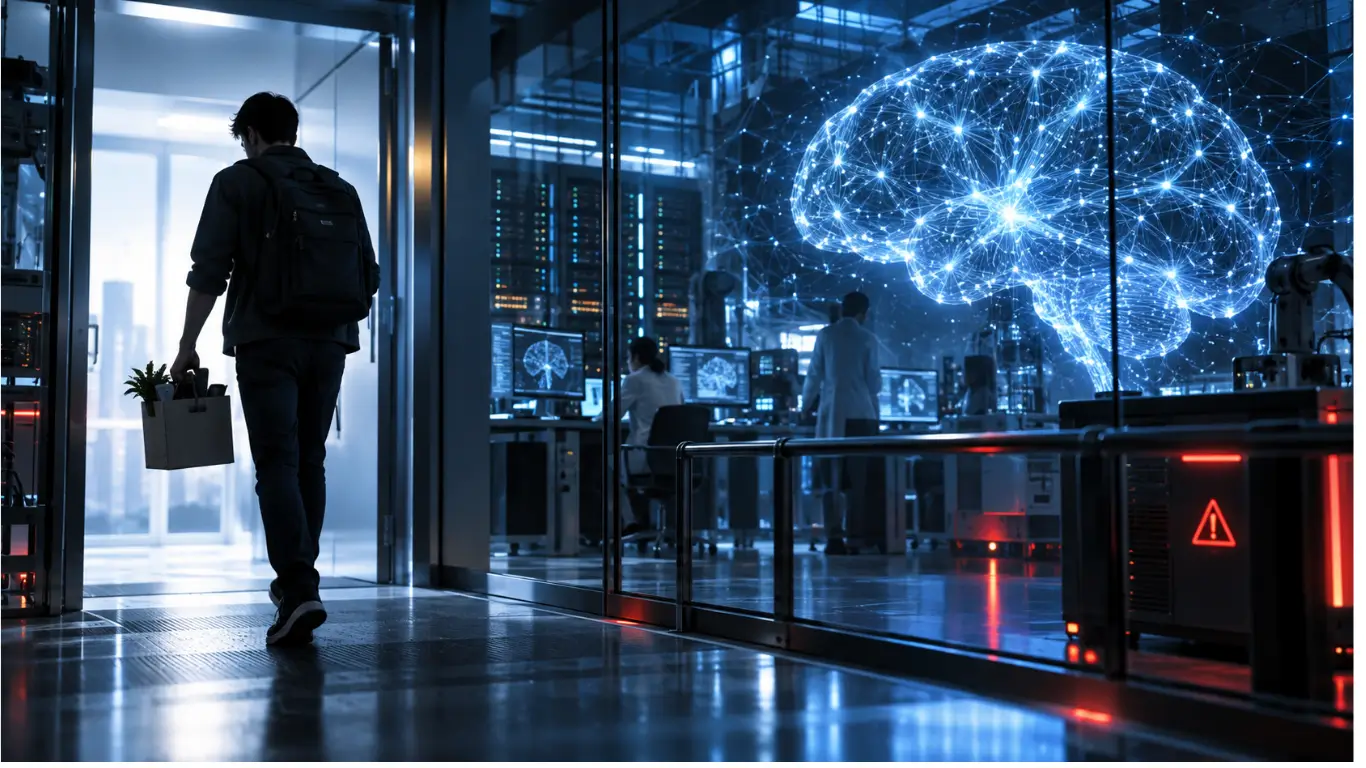 “AI researcher leaving a laboratory over concerns about advanced artificial intelligence safety.”